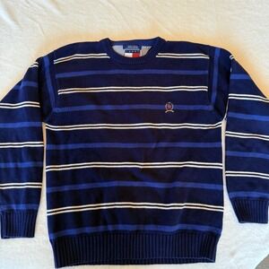 Vintage Tommy Hilfiger Sweater Mens Large Blue Stripe Knit Embroidered Crest 90s
